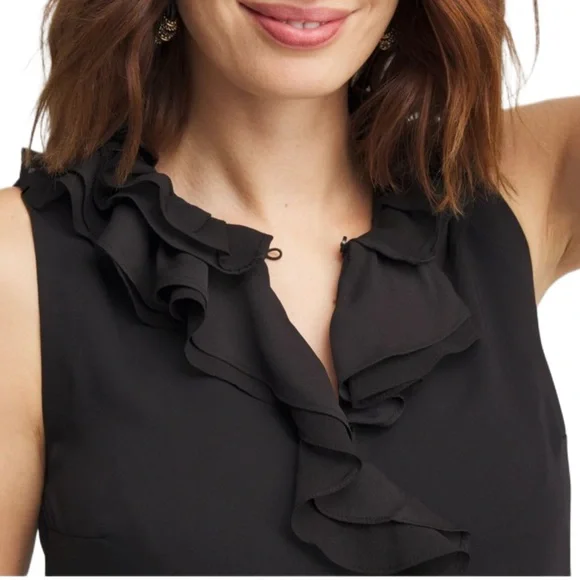 Size 1 Chico’s Ruffled Neck Sleeveless Tank Top in Black - Picture 3 of 9